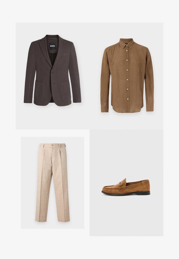 Blazer marron foncé à simple boutonnage avec revers crantés, deux poches plaquées devant, une poche poitrine et fermeture à boutons, étiquette BOSS à l'intérieur du col.; Chemise marron à manches longues avec col, boutons blancs et logo subtil sur le côté gauche de la poitrine, présentée sur un fond blanc.; Pantalon beige à jambes droites avec plis, fermeture par bouton, passants pour ceinture et coupe ajustée.; Mocassin pour homme en daim marron avec détail tressé sur le dessus et semelle noire, présenté de profil sur un fond uni gris clair.