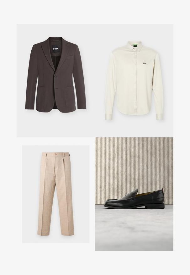 Blazer marron foncé à simple boutonnage avec revers crantés, deux poches plaquées devant, une poche poitrine et fermeture à boutons, étiquette BOSS à l'intérieur du col.; Chemise blanche à manches longues avec col, logo noir "BOSS" sur le côté gauche de la poitrine, et poignets à boutons, présentée sur un fond uni.; Pantalon beige à jambes droites avec plis, fermeture par bouton, passants pour ceinture et coupe ajustée.; Mocassin pour homme en cuir noir avec un dessus embossé effet croco et un petit talon, présenté de profil sur un fond neutre.