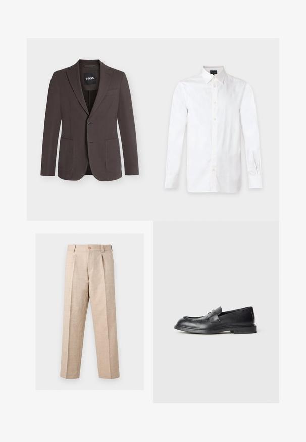 Blazer marron foncé à simple boutonnage avec revers crantés, deux poches plaquées devant, une poche poitrine et fermeture à boutons, étiquette BOSS à l'intérieur du col.; Chemise blanche à manches longues avec boutons et col pointu, posée à plat sur un fond clair.; Pantalon beige à jambes droites avec plis, fermeture par bouton, passants pour ceinture et coupe ajustée.; Mocassins en cuir noir avec une finition texturée, dotés d'une bride décorative à l'avant et d'un bout arrondi. Semelle en caoutchouc pour plus de durabilité.