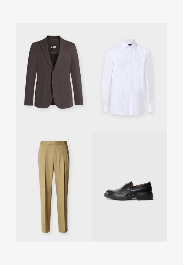 Blazer marron foncé à simple boutonnage avec revers crantés, deux poches plaquées devant, une poche poitrine et fermeture à boutons, étiquette BOSS à l'intérieur du col.; Chemise blanche à manches longues pour homme avec boutonnières devant et col pointu, présentée sur un fond uni.; Pantalon beige ajusté avec passants de ceinture et pli frontal, présenté sur un fond clair uni.; Chaussure habillée noire en cuir, à enfiler, avec un petit talon et un logo Calvin Klein discret sur le côté, présentée de profil sur un fond blanc.
