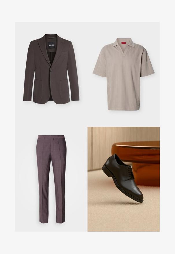 Blazer marron foncé à simple boutonnage avec revers crantés, deux poches plaquées devant, une poche poitrine et fermeture à boutons, étiquette BOSS à l'intérieur du col.; Polo en maille beige à manches courtes avec un motif rayé vertical texturé et un col en V ouvert.; Pantalons sur mesure pour hommes dans une teinte violette douce, présentant une texture lisse, une coupe droite et des plis avant pour un détail supplémentaire.; Chaussure habillée en cuir noir avec lacets flottant au-dessus d'un tapis beige, une table ronde orange en arrière-plan.