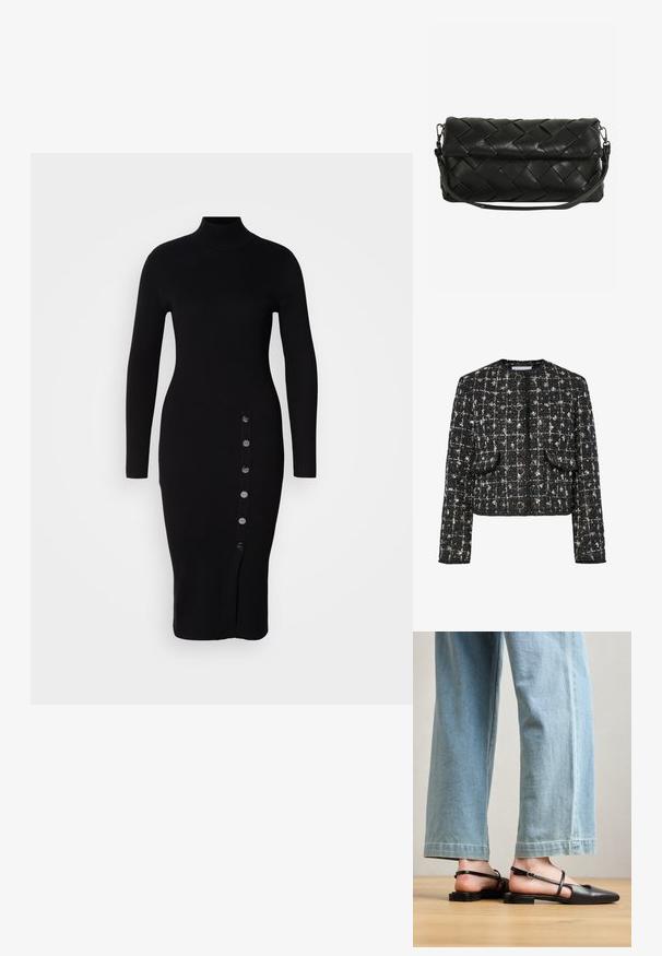 Schwarze und silberne Tweedjacke, taillierte Form, runder Ausschnitt, mit vier runden Knöpfen, zwei vorderen Taschen und einer strukturierten Oberfläche.; Schwarzes geripptes Midi-Kleid mit langen Ärmeln und hohem Kragen. Verfügt über eine Knopfleiste an einer Seite und einen seitlichen Schlitz am Saum.; Schwarze Lederslingback-Schuhe mit spitzer Zehe, flachem Absatz und Knöchelriemen; getragen mit hellblauen, weit geschnittenen Jeans.; Schwarze Clutch aus geflochtenem Leder mit abgerundeter Form, Klappverschluss und abnehmbarem Schulterriemen. Glatte Textur mit erhabenen Mustern.