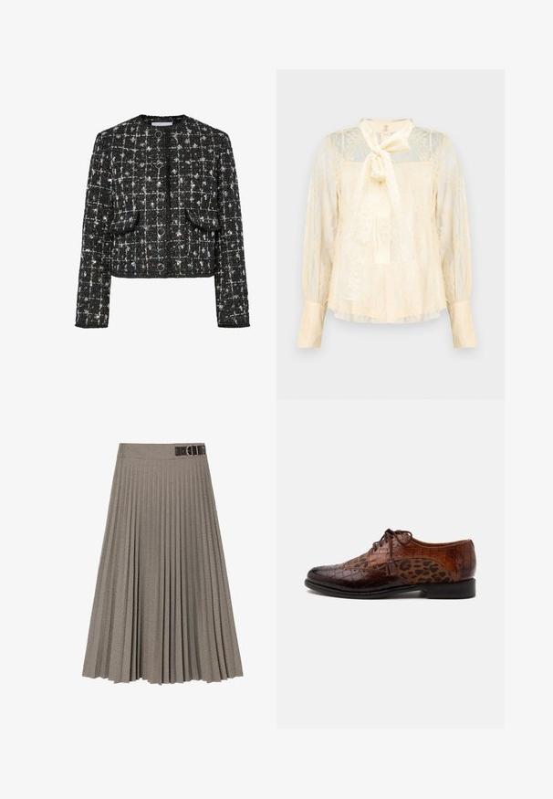 Sort og sølv tweedjakke, cropped design, rund halsudskæring, med fire cirkulære knapper, to forlommer og en tekstureret overflade.; Lysecremefarvet bluse lavet af blonder med en sløjfedetalje ved halsen, gennemsigtige lange ærmer og manchetter med knapper. Tekstureret blomsterprint over det hele.; Plisseret nederdel i ternet mønster, med et mørkt bælte med spænde. Fremstillet af tekstureret stof i nuancer af brun og creme.; Brun lædersko til kjole med krokodilletekstur og leopardprint stofpaneler, snørebånd og kvastdetalje på siden.