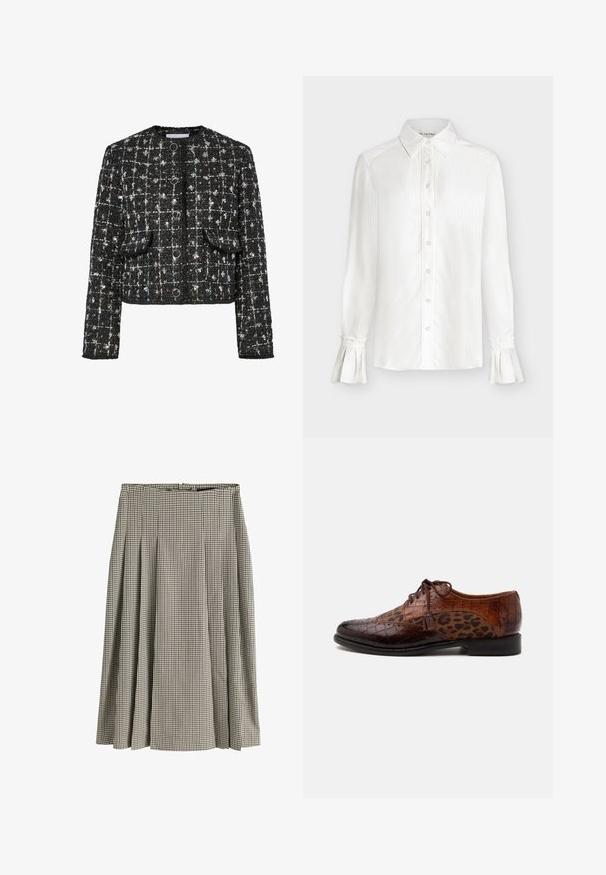 Chaqueta de tweed negra y plateada, de diseño corto, con cuello redondo, que presenta cuatro botones circulares, dos bolsillos frontales y una superficie texturizada.; Blusa blanca de manga larga con cierre de botones en la parte delantera, cuello puntiagudo, sutiles rayas verticales y puños acampanados con detalles de volantes.; Falda plisada de longitud media con patrón de pata de gallo en blanco y negro, cintura alta y tejido estructurado.; Zapato de vestir de cuero marrón con textura de cocodrilo y paneles de tela con estampado de leopardo, cierre con cordones y detalle de borla en el lateral.