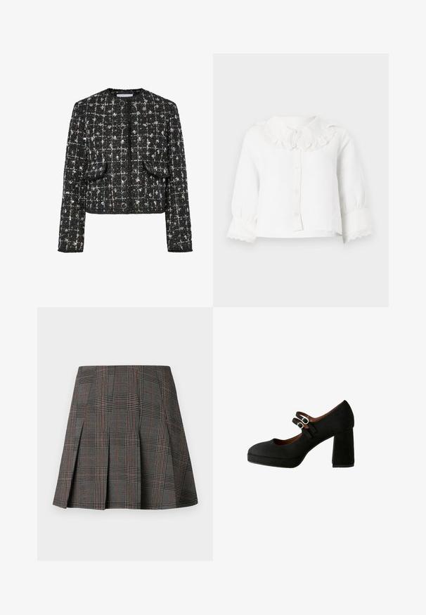 Sort og sølv tweedjakke, cropped design, rund halsudskæring, med fire cirkulære knapper, to forlommer og en tekstureret overflade.; Hvid babybluse med lange ærmer, bølget blondekrave og manchetter, knapper foran og let opsamlede ærmer.; Gråternet nederdel med plisseringer, prydet med intrikate mønstre i sort og hvid, akkompagneret af tynde røde linjer. Fremstillet af et struktureret stof.; Sort ruskind Mary Jane-sko med dobbelte spænder, rundet tå, platformsål og kraftig høj hæl.