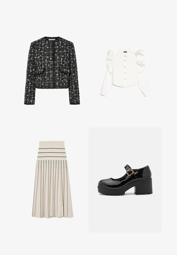 Zwart en zilver tweed jacket, kort ontwerp, ronde halslijn, voorzien van vier ronde knopen, twee opgestikte zakken aan de voorkant en een gestructureerd oppervlak.; Witte blouse met lange mouwen en geplooide mouwen, klassieke kraag, knoopsluiting aan de voorkant en subtiele bloemvormige knoopaccenten. Gladde stoftextuur.; Roomkleurige geplooide midirok met zwarte horizontale strepen op de tailleband en verticale zwarte strepen op het roklichaam.; Zwarte lakleren Mary Jane-schoenen met een dikke, gestructureerde plateauhak en een decoratieve metalen gesp op de band.