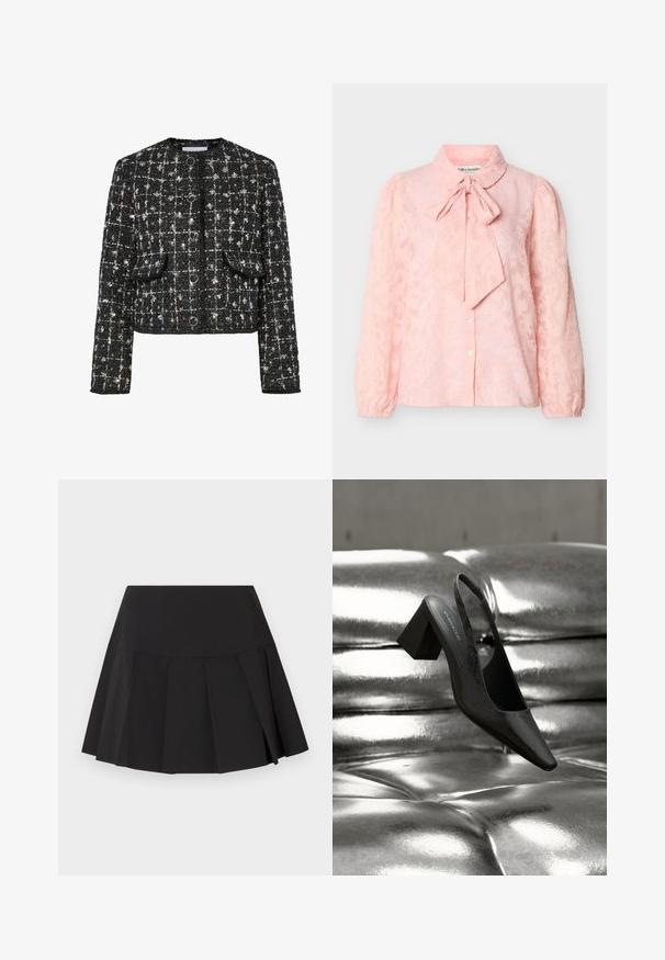 Chaqueta de tweed negra y plateada, de diseño corto, con cuello redondo, que presenta cuatro botones circulares, dos bolsillos frontales y una superficie texturizada.; Blusa de manga larga color rosa claro con un sutil estampado floral, cierre con botones en el frente, hombros abullonados y cuello con lazo atado.; Mini falda negra plisada con una cinturilla ancha, pliegues verticales espaciados de manera uniforme y un dobladillo ligeramente acampanado.; Tacón destalonado negro con punta en forma de pico, con superficie texturizada y tacón ancho y grueso. Colocado sobre un fondo metálico brillante.