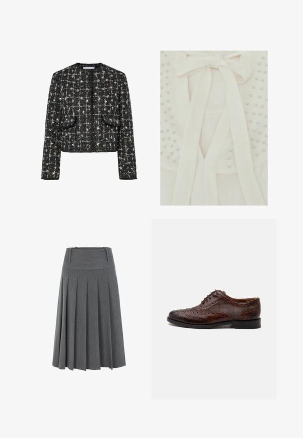 Zwart en zilver tweed jacket, kort ontwerp, ronde halslijn, voorzien van vier ronde knopen, twee opgestikte zakken aan de voorkant en een gestructureerd oppervlak.; Wit kledingstuk met een V-hals, een stoffen strik en verspreid kleine parelversieringen op de schouders en het bovenste borstgedeelte.; Grijze plooienrok van een gestructureerde stof, met een brede elastische tailleband en een knielange ontwerp met subtiele verticale lijnen.; Bruine leren herenschoen met vleugelstuk, brogue-details en geruite stoffen zijpanelen, zijaanzicht op een witte achtergrond.