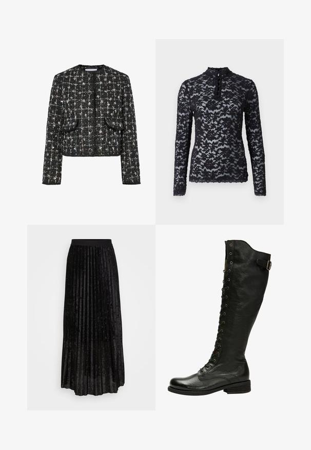 Schwarze und silberne Tweedjacke, taillierte Form, runder Ausschnitt, mit vier runden Knöpfen, zwei vorderen Taschen und einer strukturierten Oberfläche.; Rosemunde Langarmshirt - black; Schwarzer plissierter Rock aus Samt mit einem glatten Taillenbund und verstreuten Paillettenakzenten für einen subtilen Glanz.; Schwarze Leder-Knöchelstiefel mit Schnürung vorne, silbernen Ösen und seitlichem Schnallenverschluss. Verfügt über eine strukturierte Oberfläche und einen gestapelten Absatz.