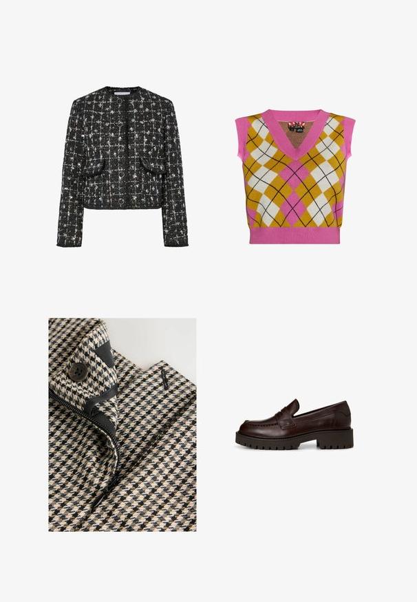 Zwart en zilver tweed jacket, kort ontwerp, ronde halslijn, voorzien van vier ronde knopen, twee opgestikte zakken aan de voorkant en een gestructureerd oppervlak.; Gebreid mouwloos vest met een roze V-hals, ruitpatroon in geel, wit en roze, met contrasterende zwarte lijnen en een geribbelde zoom.; Close-up van een beige, zwart en wit kledingstuk met pied-de-poule patroon, een zwarte knoop en gedeeltelijk open zwarte rits.; Donkerbruine leren loafer met dikke geribbelde zool en lage blokhak, instapmodel met gestikte naden en band over de wreef.