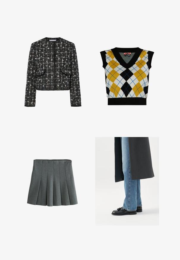 Zwart en zilver tweed jacket, kort ontwerp, ronde halslijn, voorzien van vier ronde knopen, twee opgestikte zakken aan de voorkant en een gestructureerd oppervlak.; Mouwloze trui in een V-hals ontwerp met een argyle patroon in gele, zwarte, witte en blauwe tinten. Gemaakt van zacht breimateriaal.; Grijze geplooide rok van lichtgewicht stof, met een aansluitende taille en gestructureerde plooien die een uitlopende silhoutte creëren.; Zwarte leren instappers met kwastjes, gedragen met lichtblauwe rechtlopende jeans, aangevuld met een donkergrijze jas. Schone lijnen en textiel met structuur.
