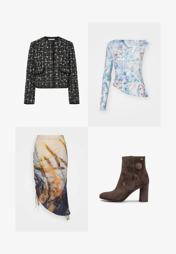 Schwarze und silberne Tweedjacke, taillierte Form, runder Ausschnitt, mit vier runden Knöpfen, zwei vorderen Taschen und einer strukturierten Oberfläche.; Asymmetrisches Langarmshirt in einem blauen und pinken abstrahierten Muster, mit geraffter Textur und Rundhalsausschnitt. Hergestellt aus leichtem Stoff.; Materiel DIAGONAL GATHERED SKIRT - Bleistiftrock - golden hour; Brauner Wildleder-Stiefelette mit Blockabsatz, verziert mit glänzenden, runden Patches an der Seite und einem kleinen goldenen Logo nahe dem oberen Rand.