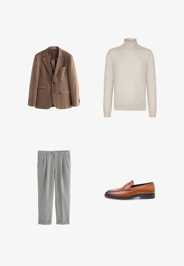 Blazer en tweed brun avec revers crantés, deux poches avant, fermeture à un bouton et tissu texturé. Doublure brune lisse visible.; Pull col roulé beige à manches longues avec poignets et ourlet côtelés, présenté sur fond blanc.; Pantalon de costume gris à carreaux avec passants pour ceinture, plis devant, poches latérales, fermeture par boutons et ourlets retroussés.; Mocassins en cuir marron avec une surface lisse, un bout légèrement arrondi, des coutures décoratives, et une semelle minimaliste en caoutchouc noir.