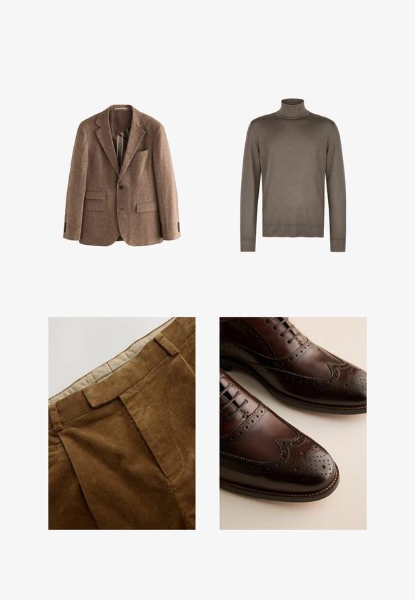 Blazer en tweed brun avec revers crantés, deux poches avant, fermeture à un bouton et tissu texturé. Doublure brune lisse visible.; Pull en col roulé marron en tissu lisse, doté d'un col ajusté, de manches longues et de bord-côtes aux poignets et à l'ourlet.; Pantalons en velours côtelé marron avec une surface texturée, présentant une coupe droite et des plis avant cousus. La ceinture est doublée d'un tissu plus clair.; Paire de chaussures brogues en cuir marron foncé avec perforations décoratives et lacets sur une surface claire.