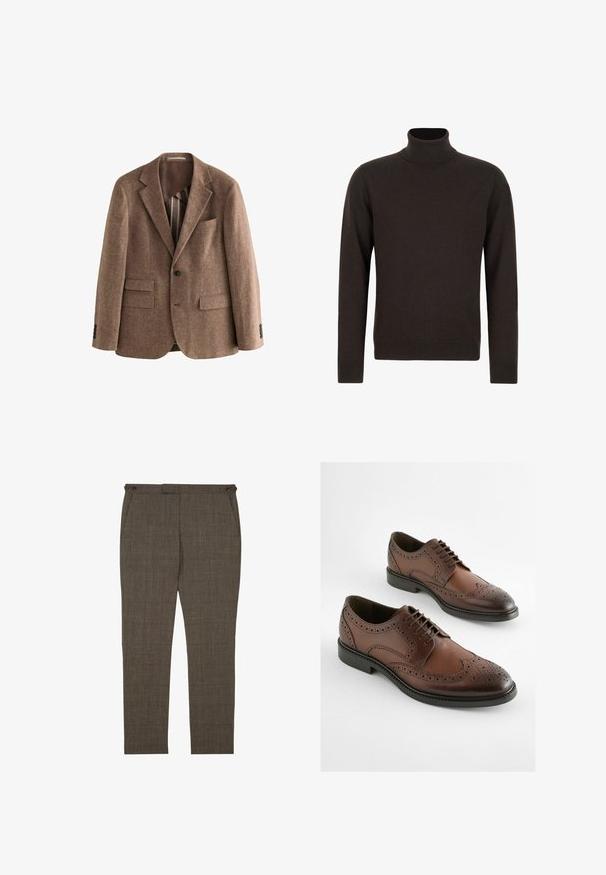 Blazer en tweed brun avec revers crantés, deux poches avant, fermeture à un bouton et tissu texturé. Doublure brune lisse visible.; Pull à col roulé marron foncé à manches longues avec poignets et ourlet côtelés, en tissu tricoté doux.; Pantalon slim fit homme à carreaux marron avec poches latérales et pattes de taille boutonnées, présenté sur fond blanc.; Chaussures derby en cuir marron avec un design brogue, bout pointu et semelle en caoutchouc plate. Perforations intriquées le long des bords.