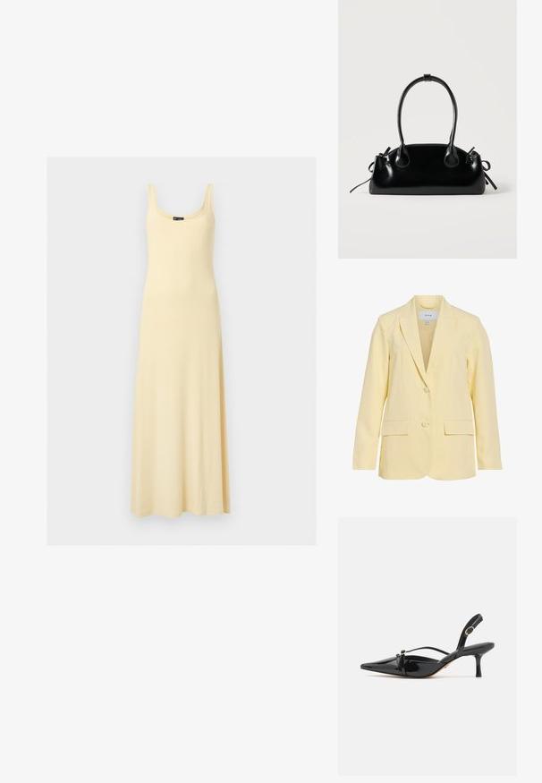 Blazer jaune clair ajusté avec deux boutons, revers crantés, manches longues et deux poches avant à rabat.; Robe maxi jaune clair sans manches avec encolure dégagée, corsage ajusté et jupe fluide sur fond uni.; ALDO MARIETTA PILLOW WALK - Escarpins - black; Petit sac à main noir brillant avec deux longues anses et des détails à cordon sur les côtés sur un fond clair uni.