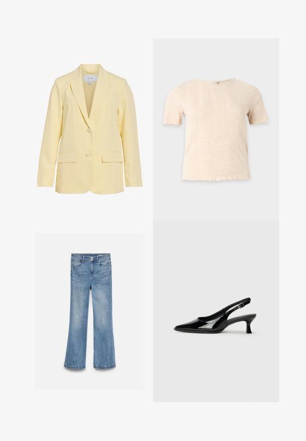 Blazer jaune clair ajusté avec deux boutons, revers crantés, manches longues et deux poches avant à rabat.; Haut tricoté beige à manches courtes avec col rond et motif côtelé vertical discret, sur fond uni gris clair.; Jean en denim bleu clair avec une taille haute, une fermeture double bouton, des poches avant et arrière, et des jambes légèrement évasées.; Escarpins en cuir verni noir avec un bout pointu et un petit talon carré. Sangle réglable à la cheville avec boucle.