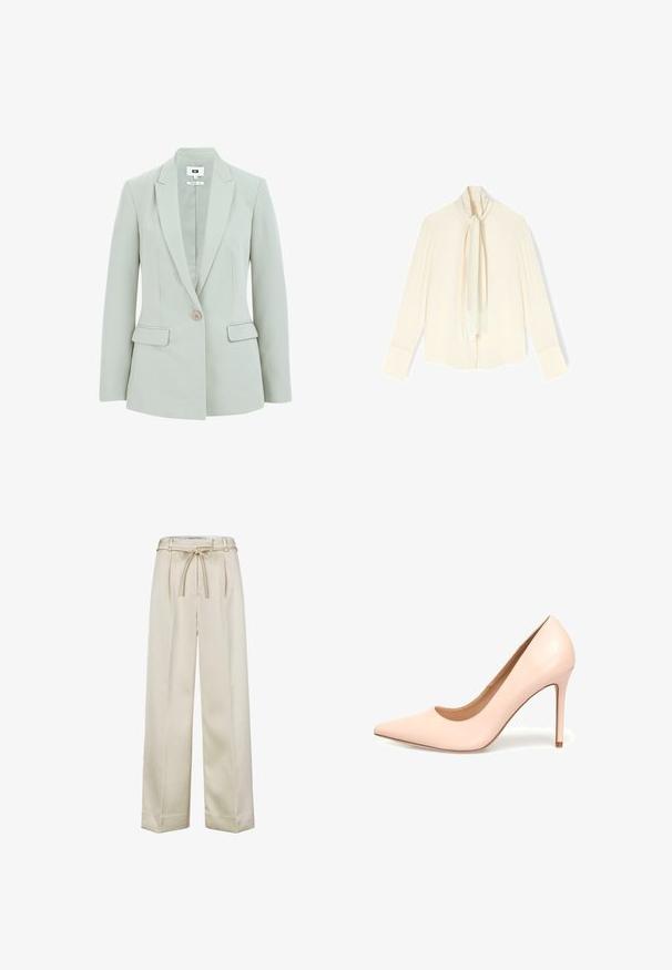 Hellgrüner Blazer mit taillierter Passform, Ein-Knopf-Verschluss, Reverskragen und zwei vorderen Taschen. Glatte Stoffstruktur.; Langärmlige cremefarbene Bluse mit breiten Manschetten und angenähtem Schal mit Fransen, der vorne herunterhängt.; Hochtaillierte beigefarbene weiter Schnitthose mit einem selbstgebundenen Gürtel und Falten an der Taille, auf einem weißen Hintergrund präsentiert.; Nude Lackleder-Pump mit hohen Absätzen, spitze Zehenform, glatte Textur, 10 cm Stiletto-Absatz, minimalistische Stilrichtung, sichtbares Innenfutter.