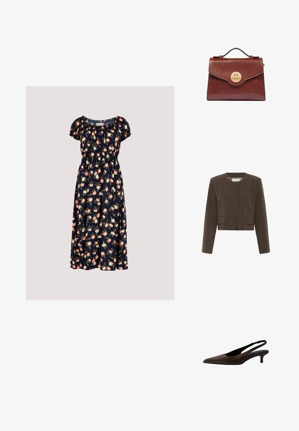 Blazer corto marrón con cuello redondo, cierre de seis botones y dos bolsillos frontales. Hecho de un tejido texturizado con un forro suave.; Apricot VINTAGE ROSE - Vestido informal - navy; Zapato slingback de cuero marrón con punta puntiaguda, tacón bajo tipo kitten y tiras abiertas en el talón, sobre fondo blanco.; Bolso de cuero marrón con asa superior y cierre giratorio redondo de oro en la solapa frontal, sobre un fondo blanco.