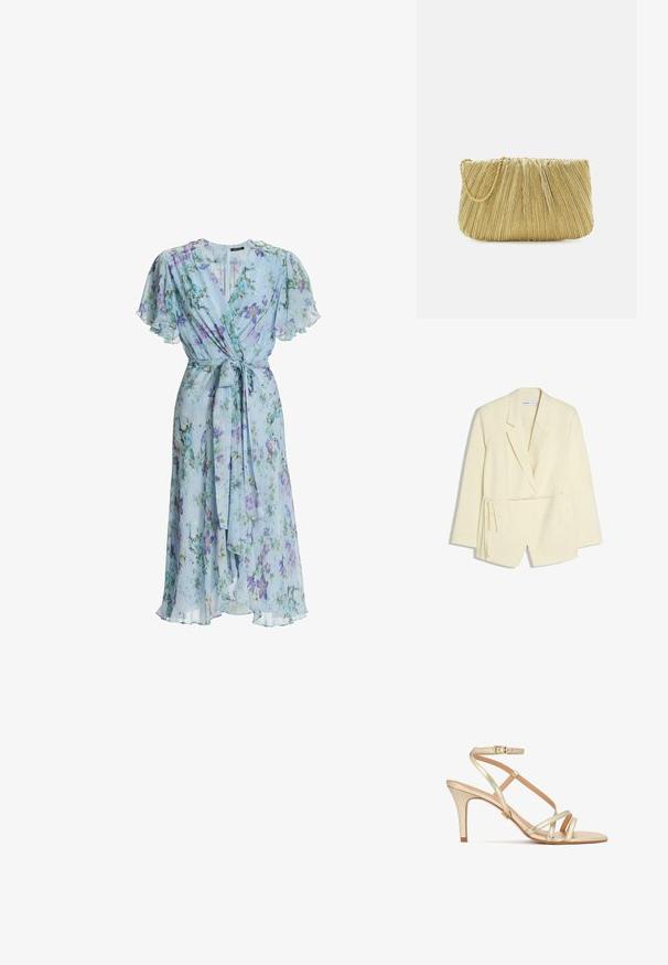 Blazer crème à manches longues avec col à revers, poches avant et détail de lien latéral, présenté sur fond blanc.; Robe portefeuille fleurie bleu clair avec manches volantes et ceinture à la taille, caractérisée par un design fluide de longueur midi.; Sandale à talons hauts dorée avec fines brides, bride fine à la cheville avec boucle, bout ouvert, et talon moyen effilé sur fond blanc.; Loeffler Randall BRIT PLEATED FLAT - Pochette - gold-coloured