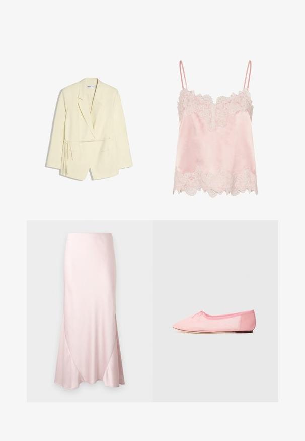 Blazer crème à manches longues avec col à revers, poches avant et détail de lien latéral, présenté sur fond blanc.; Caraco en satin rose clair avec bordure en dentelle blanche le long de l'encolure et de l'ourlet, avec fines bretelles réglables.; Jupe midi en satin rose clair avec une silhouette évasée en A et des détails subtils de coutures diagonales sur un fond uni.; Ballerine rose en tissu doux, avec un bout pointu et un petit nœud sur le dessus, dotée d'une semelle basse et flexible.
