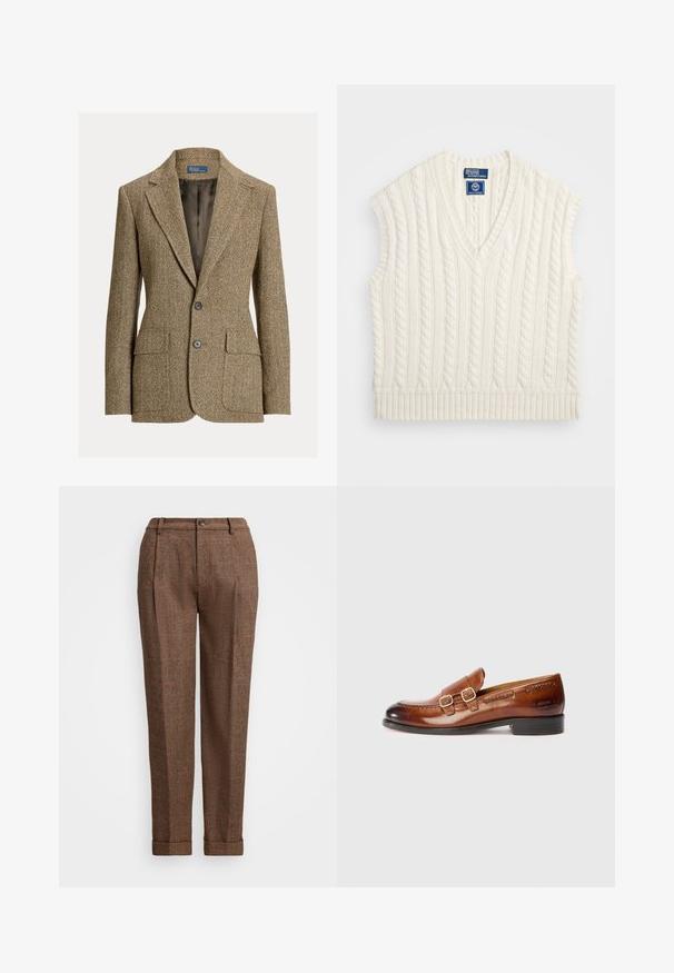 Bruine wollen blazer met visgraatmotief, reverskraag, twee voorste knopen, klepzakken en een donkere satijnen voering.; Crème kabelgebreide mouwloze trui met een V-hals en ribbelzoom. Beschikt over een textuurpatroon en een logo-label op de hals.; Bruine geruite broeken met een slim fit, voorzien van plooien, een knoopsluiting en manchetachtige zomen. Textuurstof met oranje accenten.; Bruine leren loafers met dubbele gespen, ronde neus, stiksel details en een lage hak; gepolijste afwerking met reliëf branding aan de zijkant.
