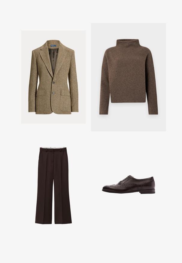 Brun uldblazer med fiskebenmønster, krave med revers, to forreste knapper, klaplommer og mørk satinfor.; Brun, cropped sweater med en høj, fold-over hals, lange ærmer og et blødt, tekstureret stof. Minimalistisk design uden synlig hardware.; Viddebukser i mørkebrun stof, med høj talje, dobbelte læg og sidelommer. Glat tekstur med bæltestropper.; Brune læder dress sko med brogue-detaljer, snørebånds lukning, rund tå og en lav stablet hæl. Poleret finish og indviklede perforeringer.