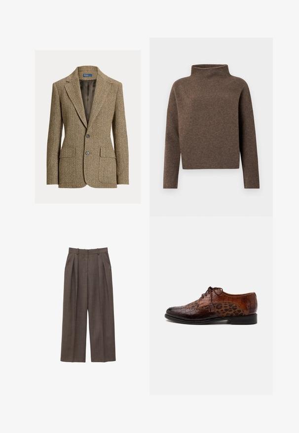 Blazer marrón de lana con espiga, cuello con solapa, dos botones delanteros, bolsillos con solapa y forro de satén oscuro.; Suéter marrón, recortado, con cuello alto y plegado, mangas largas y una tela suave y texturizada. Diseño minimalista sin hardware visible.; Pantalones marrones de talle alto y pierna ancha con trabillas para el cinturón, pinzas en la parte delantera y bolsillos laterales, mostrados sobre un fondo blanco.; Zapato de vestir de cuero marrón con textura de cocodrilo y paneles de tela con estampado de leopardo, cierre con cordones y detalle de borla en el lateral.