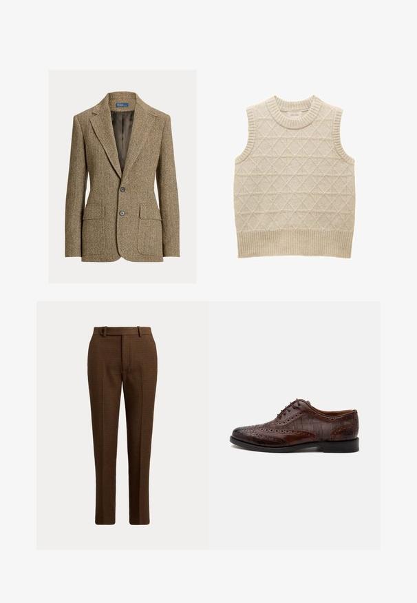 Brun uldblazer med fiskebenmønster, krave med revers, to forreste knapper, klaplommer og mørk satinfor.; Beige strikket ærmeløs sweater med diamantmønster, ribbet krave og kant, lavet af blødt materiale for komfort. Mærket er synligt indeni.; Brune ternede skræddersyede bukser med bæltestropper og lukning foran med knap, vist mod en ensfarvet lys baggrund.; Brun læder herre wingtip selskabssko med brogue-detaljer og ternede stofsider, vist fra siden på en hvid baggrund.