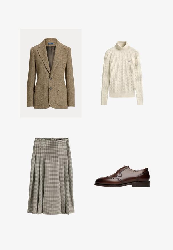 Bruine wollen blazer met visgraatmotief, reverskraag, twee voorste knopen, klepzakken en een donkere satijnen voering.; Crèmekleurige kabelgebreide coltrui met lange mouwen en een klein geborduurd logo op de linkerborst.; Midilengte geplooide rok met zwart-wit pied-de-poulemotief, hoge taille en gestructureerde stof.; Bruine leren nette schoen met brogue-details, ronde neus en vetersluiting met vijf oogjes, rustend op een platte, gestructureerde zool.
