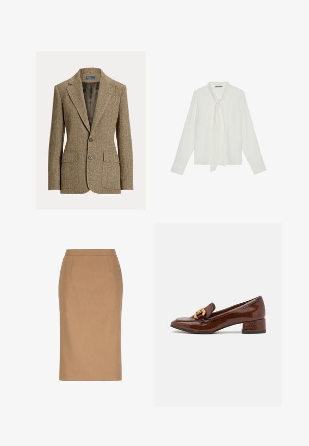 Blazer marrón de lana con espiga, cuello con solapa, dos botones delanteros, bolsillos con solapa y forro de satén oscuro.; Blusa blanca de manga larga hecha de tela suave, con un lazo en el cuello y puños entallados. Diseño simple y clásico, sin patrones.; Falda lápiz beige hasta la rodilla con cintura alta y sutiles detalles de costuras en la parte delantera.; Mocasines de cuero marrón con un acabado brillante, que presentan una hebilla decorativa dorada en la parte frontal y un tacón bajo tipo bloque. Diseño clásico.
