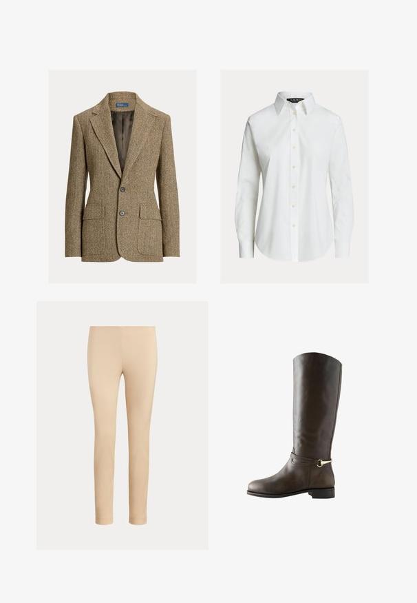 Blazer marrón de lana con espiga, cuello con solapa, dos botones delanteros, bolsillos con solapa y forro de satén oscuro.; Camisa blanca de manga larga con botones en el frente, cuello puntiagudo y dobladillo ligeramente curvado.; Pantalones beige ajustados hasta el tobillo con un acabado liso y sin bolsillos visibles ni adornos sobre un fondo liso.; Bota de montar alta de cuero marrón oscuro con tacón bajo y una correa decorativa con hebilla dorada alrededor del tobillo, vista de lado.
