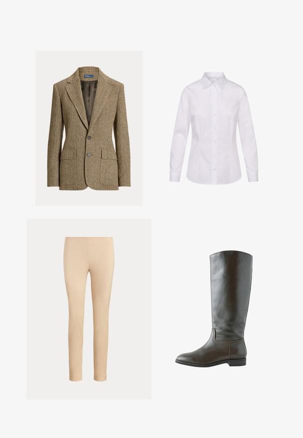 Brun uldblazer med fiskebenmønster, krave med revers, to forreste knapper, klaplommer og mørk satinfor.; Hvid langærmet skjorte med knapper, spids krave og tilpasset talje, vist på hvid baggrund.; Beige slim-fit ankellange bukser med en glat finish og uden synlige lommer eller pynt på en ensfarvet baggrund.; Høj brun læderstøvle med lav hæl, rundet tå og enkelt syning langs anklen og sålens kanter.