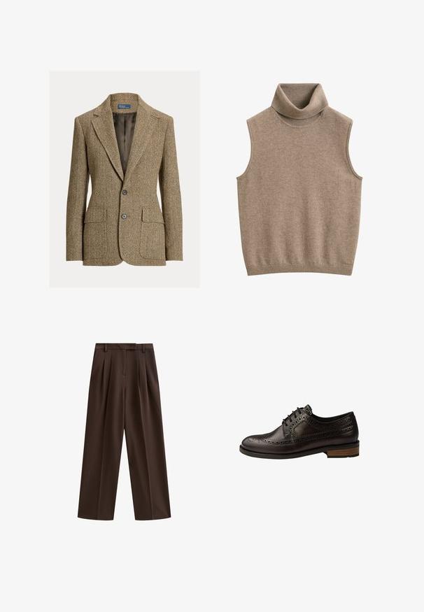 Brun uldblazer med fiskebenmønster, krave med revers, to forreste knapper, klaplommer og mørk satinfor.; Ærmeløs beige strikket polo-vest med ribkant ved hals og kant, lavet af blødt stof.; Brune bredbenede bukser med folder, flad talje og bæltestropper; glat tekstur og skræddersyet design. Ideelle til afslappet eller formelt brug.; Mørkebrune læder brogues med perforerede detaljer, snørelukning og stakket træsål, vist fra siden.
