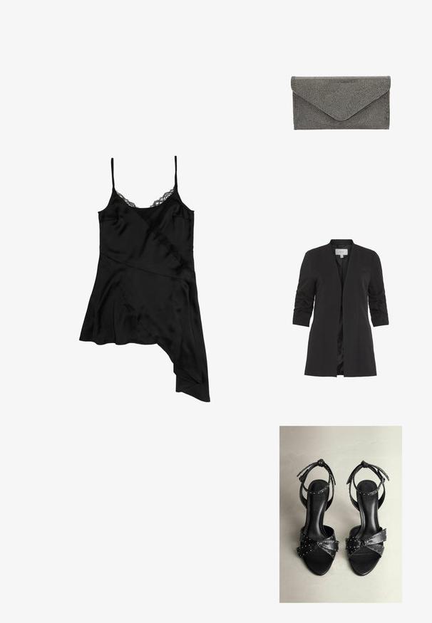 VILA VIHER - Blazer - black; Camisón de satén negro con tirantes ajustables, que presenta un acabado de encaje y un dobladillo asimétrico con una silueta fluida.; Sandalias de tacón alto de cuero negro con un detalle de lazo anudado, acentos de tachuelas y tiras delgadas en el tobillo. Punta cuadrada y textura suave.; Pañuelo negro con un patrón texturizado de tachuelas y cierre tipo sobre, que presenta una forma rectangular elegante y sin herrajes visibles.