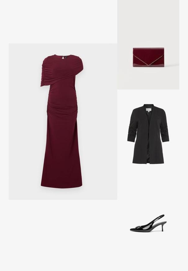 VILA VIHER - Blazer - black; Lang bordeaux kjole med rynkede detaljer på det ene ærme og i taljen, asymmetrisk halsudskæring og gulvlængde nederdel med sideslids.; Sorte laklæder slingback hæle med spidse tæer og en blank finish. Har en slank hæl og en rund detalje ved vampen.; Blank mørkerød konvolut-style clutch taske med guldkant langs klappens kant på en ensfarvet lys baggrund.