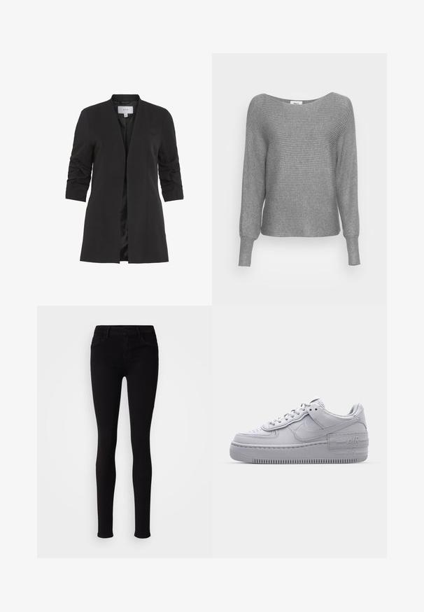 VILA VIHER - Blazer - black; Suéter gris de canalé con mangas largas y un amplio escote barco. Hecho de un material de punto suave con un acabado texturizado.; Pantalones negros ajustados con cierre de botón, presillas para cinturón y bolsillos frontales, exhibidos sobre un fondo liso claro.; Zapatilla Nike Air Force 1 gris con puntera perforada, parte superior de cuero suave, suela gruesa y detalle en relieve 'AIR' en el talón.