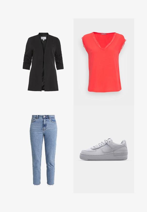VILA VIHER - Blazer - black; ONLY ONLJASMINA V NECK - Blusa - poppy red; Jeans de tiro alto en azul claro, hechos de denim, con corte recto, dobladillo deshilachado y un diseño minimalista sin adornos.; Zapatilla Nike Air Force 1 gris con puntera perforada, parte superior de cuero suave, suela gruesa y detalle en relieve 'AIR' en el talón.