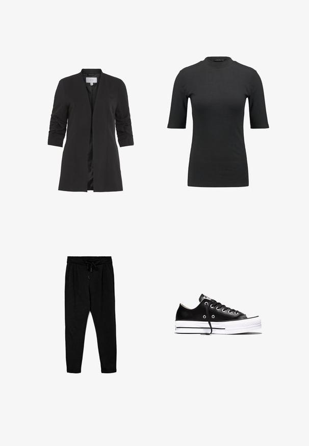 VILA VIHER - Blazer - black; Camiseta negra de canalé con un cuello alto y mangas cortas. Diseño liso y ajustado sin patrones ni detalles de hardware visibles.; Pantalones de chándal negros hechos de una tela suave, con una cintura elástica con cordón, bolsillos laterales y un diseño de pierna ajustada.; Zapatilla negra de corte bajo con suela de goma blanca, cordones negros y ojetes plateados, mostrada de lado sobre un fondo blanco.