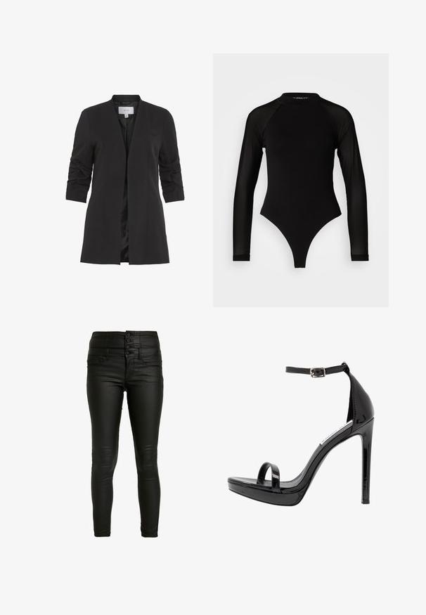 VILA VIHER - Blazer - black; Mameluco negro de manga larga con cuello alto, que presenta tejido sólido en el torso y mangas de malla transparente, diseñado en una forma ajustada.; ONLY ONLCORAL CORSAGE ROCK COATED - Pantalones - black; Steve Madden MILANO - Sandalias de tacón - black