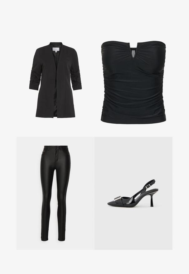 VILA VIHER - Blazer - black; Top negro sin tirantes con fruncidos, con un pequeño corte en V central en el escote y textura de tela recogida por toda la prenda.; ONLY Tall ONLROYAL PANT - Pantalones - black; Zapato de salón slingback de charol negro con punta afilada y un detalle metálico en el empeine. Presenta un tacón delgado y una correa ajustable.
