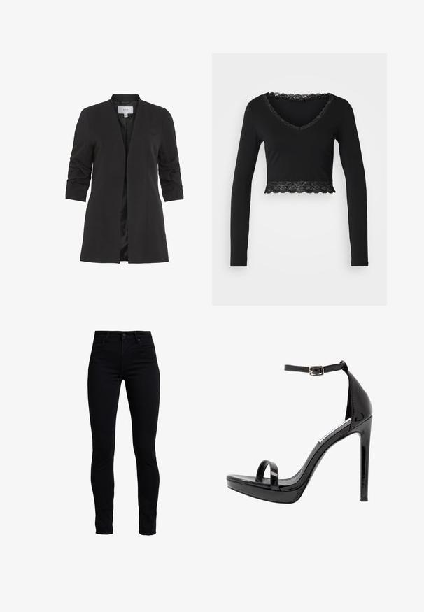 VILA VIHER - Blazer - black; Sort langærmet crop top med V-hals, med en bølget blonderkant omkring halsen og ved kanten. Blødt, strækbart stof.; Sorte skinny jeans lavet af en bomuldsblanding, med høj talje, traditionelt fem lomme-design og en frontlukning med knap.; Steve Madden MILANO - Højhælede sandaletter / Højhælede sandaler - black