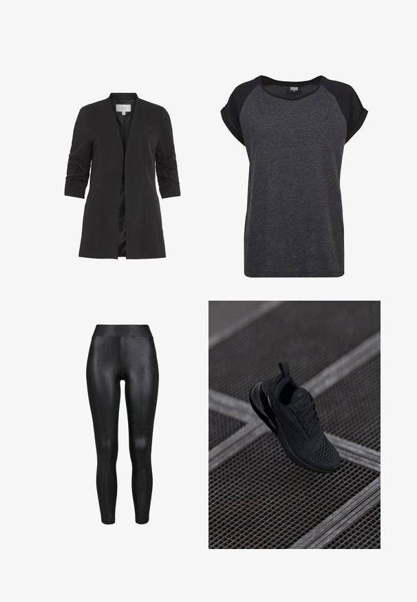 VILA VIHER - Blazer - black; Camiseta de manga corta en negro y gris oscuro con cuello redondo y mangas raglán. Elaborada con una tela suave y texturada. Ajuste casual.; Leggings negros con un acabado brillante, cinturilla alta y diseño sin costuras. La tela parece suave y ajustada al cuerpo.; Zapatilla deportiva negra con parte superior de malla, cuello acolchado y suela de caucho. Presenta un logotipo icónico en forma de gancho y detalles texturizados.