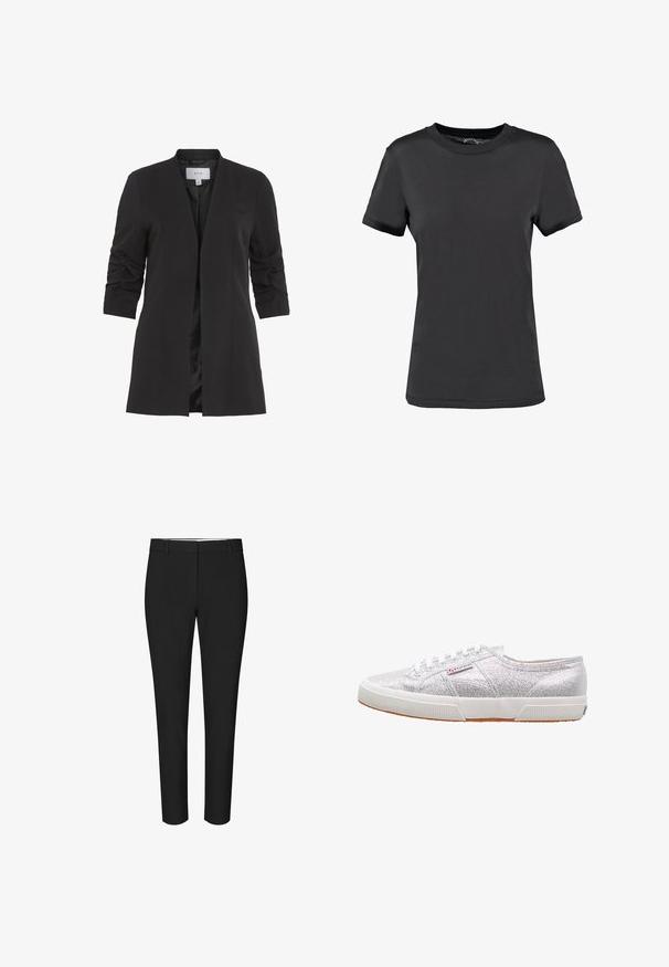 VILA VIHER - Blazer - black; Camiseta de manga corta negra, hecha de tela suave. Presenta un cuello redondo sin patrones ni acentos visibles, ofreciendo un diseño sencillo.; Pantalón de vestir negro slim fit con trabillas para cinturón y parte delantera lisa, mostrado sobre un fondo blanco liso.; Zapatillas plateadas con purpurina y suela de goma blanca, con puntera redonda, diseño de cordones y un parche con el logo en el lateral.
