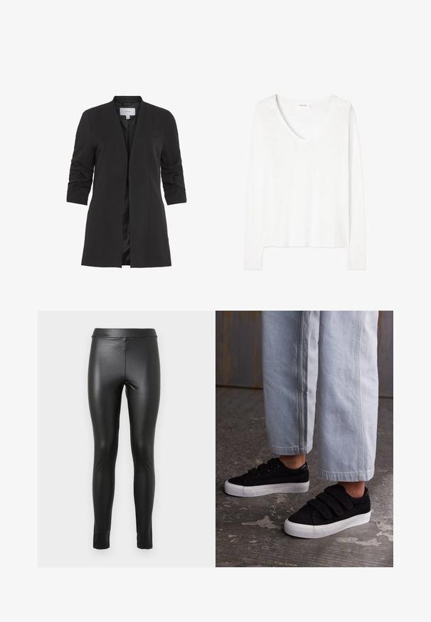 VILA VIHER - Blazer - black; Suéter blanco ligero de manga larga con cuello en V, ajuste ligeramente holgado y dobladillo recto.; Leggings de cuero sintético negro con una textura suave, cinturilla alta y corte ajustado. Presentan costuras mínimas y sin adornos adicionales.; Zapatillas de corduroy negro con tres correas de Velcro y una parte superior texturizada. Suela de goma blanca de perfil bajo. Llevadas con pantalones recortados en azul claro.