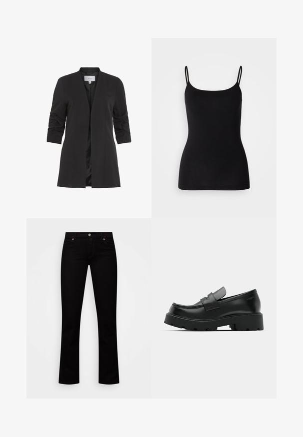VILA VIHER - Blazer - black; Zwarte camisole met dunne verstelbare bandjes, gladde rekstof en een aansluitende pasvorm. Geen patronen of versieringen.; Zwarte denimjeans met een slim fit, vijf-pocket ontwerp, knoopsluiting en subtiele koperen accenten op de klinknagels.; Zwarte leren instappers met een chunky, gestructureerde zool, voorzien van een band over de voet en een gladde, gepolijste afwerking.