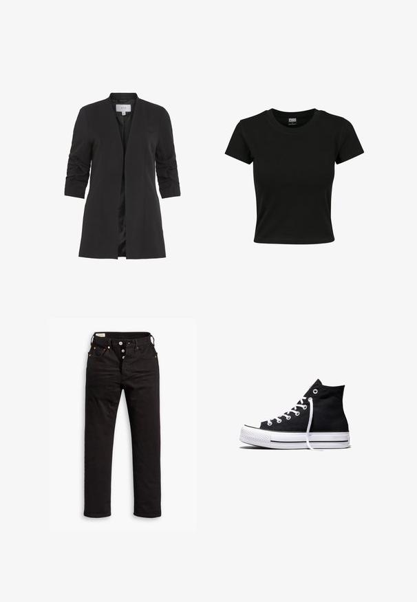 VILA VIHER - Blazer - black; Sort kortærmet t-shirt lavet af glat bomuldsstof, med rund halsudskæring og en tætsiddende pasform. Ingen synlige mønstre eller accenter.; Sorte lige jeans med knaplukning, front- og baglommer samt kobbernitte detaljer på en hvid baggrund.; Sort high-top canvas sneaker med hvid gummisål og hvide snørebånd, vist fra siden mod en hvid baggrund.