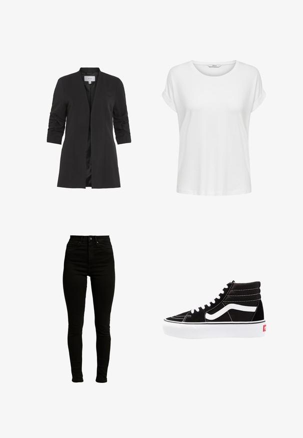 VILA VIHER - Blazer - black; Hvid kortærmet t-shirt lavet af blød bomuld. Har en rund halsudskæring og rullede ærmer. Enkel design uden mønstre eller accenter.; Sorte højtaljede skinny jeans fremstillet af denim med let stræk, med lynlås, enkelt knaplukning og fem-lomme design.; Sorte høj-top sneakers med hvide snørebånd, et hvidt logo og kontrasterende hvid syning. Har en tyk hvid sål og struktureret ruskindsoverdel.