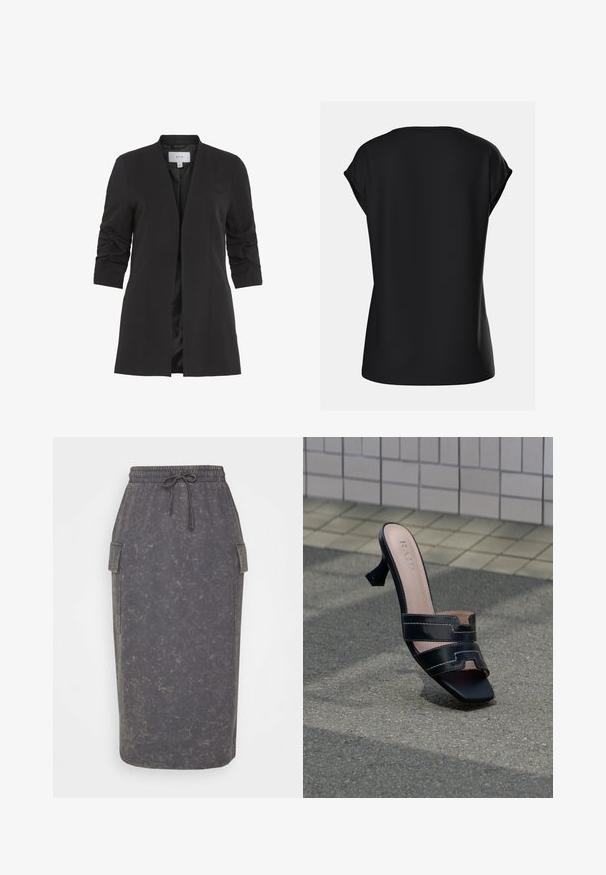 VILA VIHER - Blazer - black; Sort kortærmet top med en afslappet pasform, rund hals og glat stof texture, med subtile skuldersømme. Vist fra bagsiden.; ONLY ONLDONNA SKIRT - Pencil skirt - thunderstorm; Sort åben tå højhælede mule med dobbelt strop og firkantet tå på tekstureret fortov mod baggrund af flisevæg.