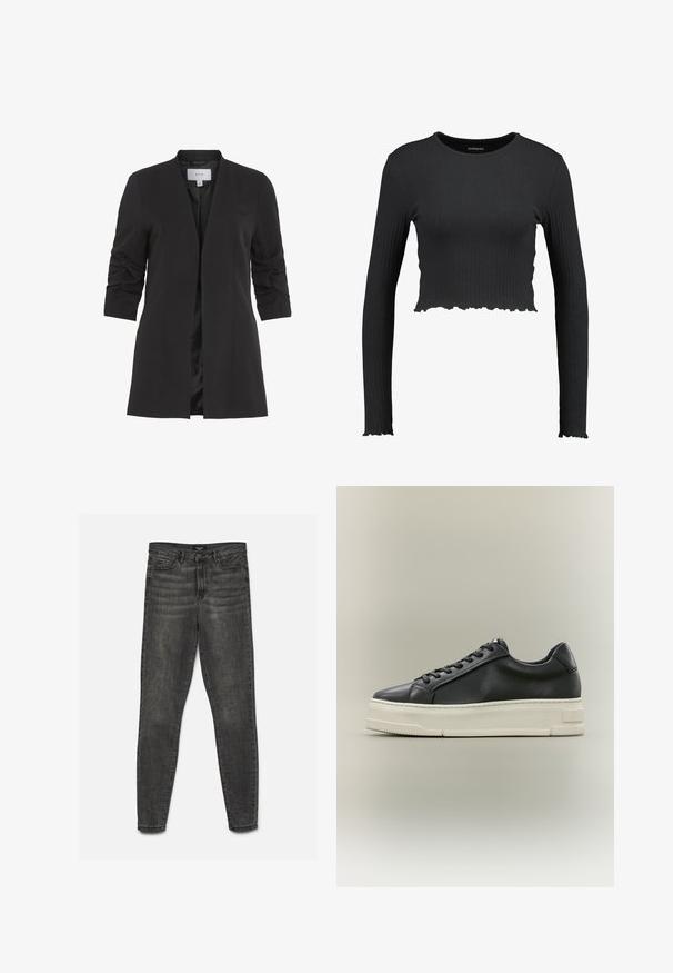 VILA VIHER - Blazer - black; Top corto de manga larga negro con cuello redondo y dobladillo ondulado. Fabricado con un material elástico para un ajuste ceñido.; Vaqueros ajustados de color gris oscuro con cierre de botón y cremallera, bolsillos delanteros y traseros, mostrados extendidos sobre un fondo blanco.; Zapatilla deportiva negra de piel baja con cordones negros y una suela gruesa de goma blanca sobre un fondo neutro.